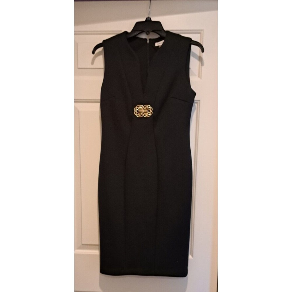 Calvin Klein Sheath Dress Women's Size 4 Black Sleeveless Midi with Gold Decal